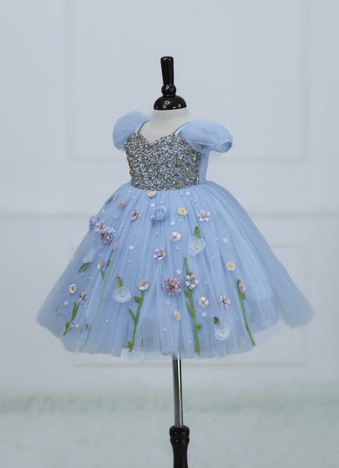 Pre-Order: Dusty Blue Gown with Intricate Handworks and Flowers