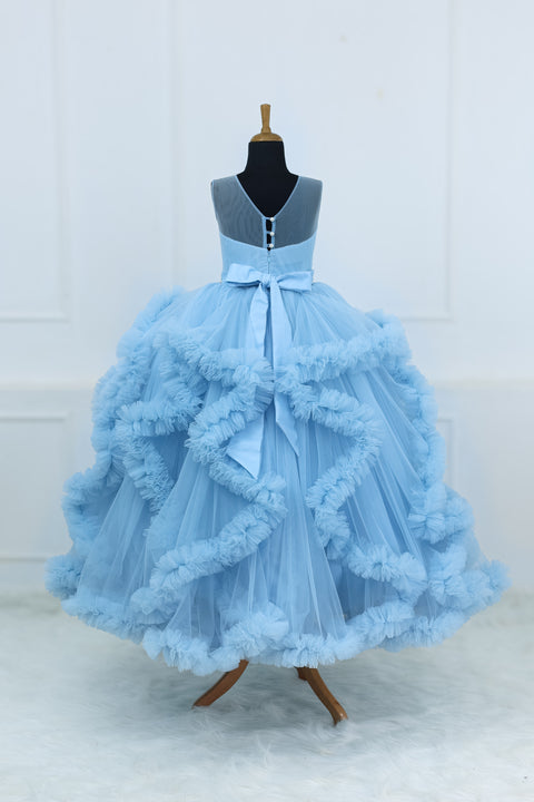 Pre-Order: Elegant Sky Blue Ball Gown With Ruffle Detailing And Diamond Belt.