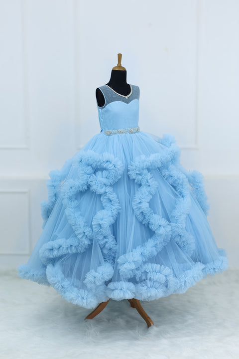 Pre-Order: Elegant Sky Blue Ball Gown With Ruffle Detailing And Diamond Belt.