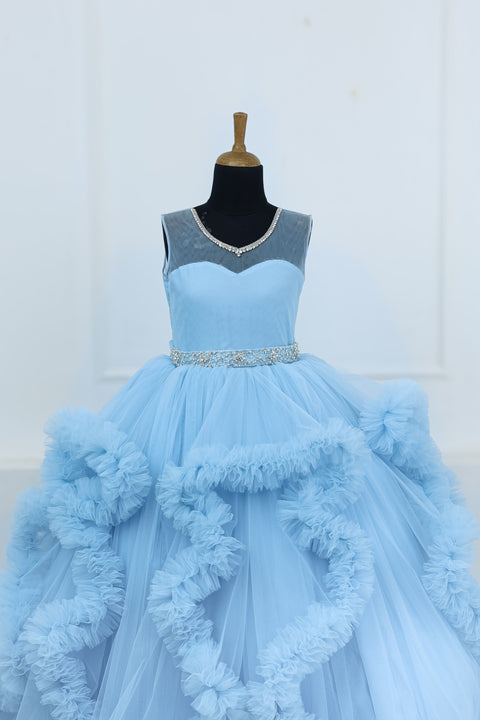 Pre-Order: Elegant Sky Blue Ball Gown With Ruffle Detailing And Diamond Belt.