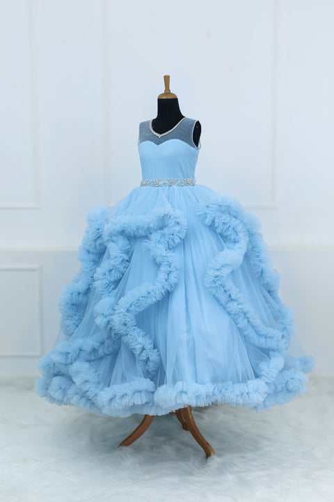 Pre-Order: Elegant Sky Blue Ball Gown With Ruffle Detailing And Diamond Belt.
