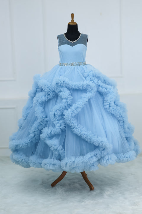 Pre-Order: Elegant Sky Blue Ball Gown With Ruffle Detailing And Diamond Belt.
