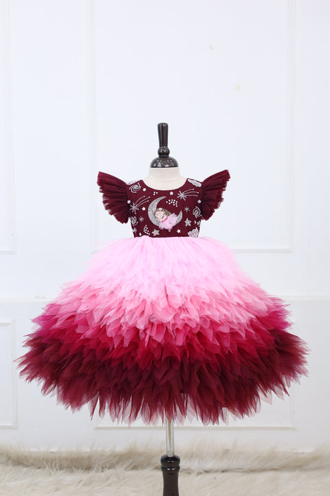Pre-Order: Burgundy Fairy Moon Theme Feather Frill Gown