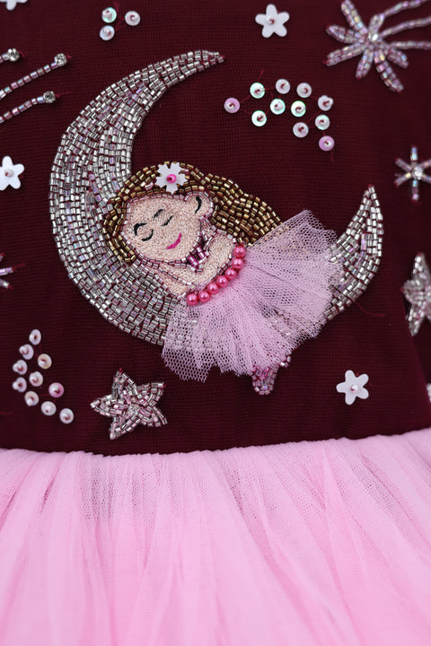 Pre-Order: Burgundy Fairy Moon Theme Feather Frill Gown