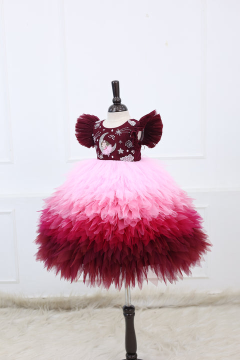 Pre-Order: Burgundy Fairy Moon Theme Feather Frill Gown