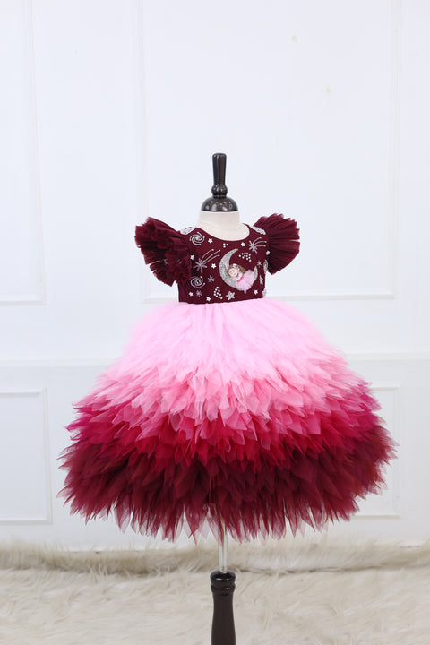 Pre-Order: Burgundy Fairy Moon Theme Feather Frill Gown