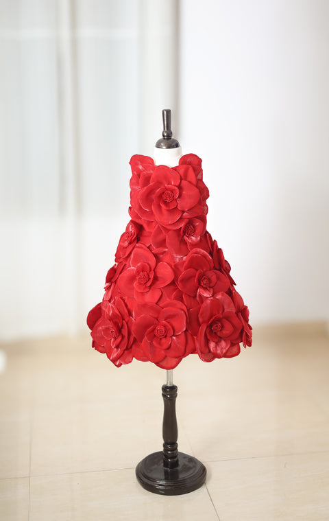 Pre-Order: Blood Red Short Dress Highlighted with Hand Embellished Flower Petals.