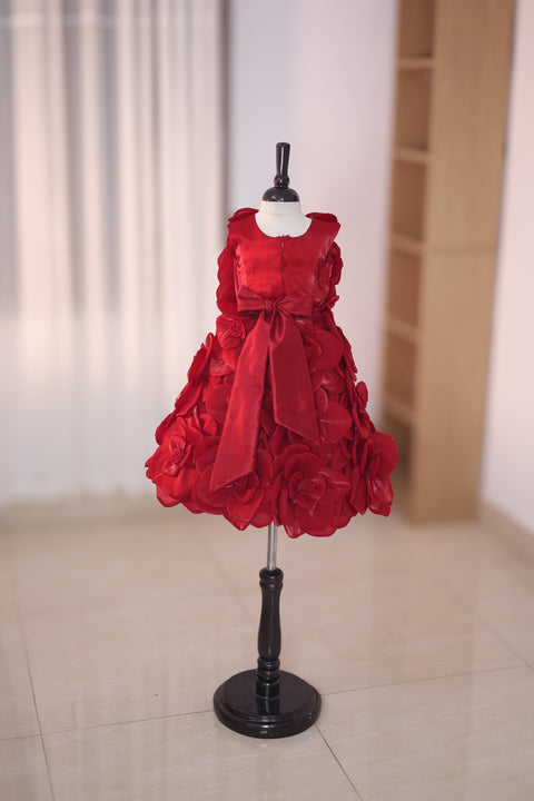Pre-Order: Blood Red Short Dress Highlighted with Hand Embellished Flower Petals.