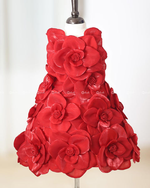 Pre-Order: Blood Red Short Dress Highlighted with Hand Embellished Flower Petals.