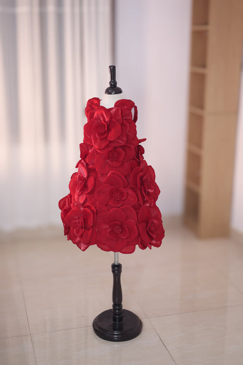 Pre-Order: Blood Red Short Dress Highlighted with Hand Embellished Flower Petals.
