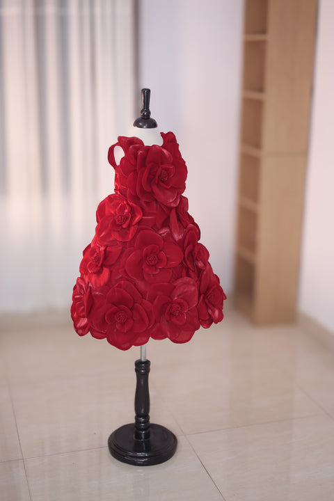 Pre-Order: Blood Red Short Dress Highlighted with Hand Embellished Flower Petals.