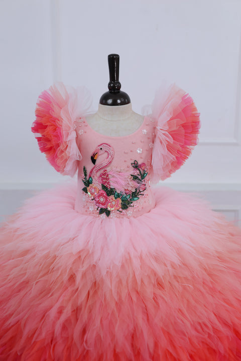 Pre-Order: Flamingo Multi Shaded Feather Frill with Heavy Intricated Handwork on Yoke