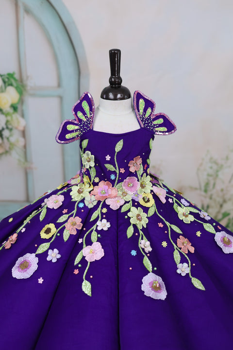 Pre-Order: Navy Blue Panel Gown with Heavy Embellished Flowers