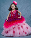 Pre-Order: Wine red with Pink shaded Feather Frill with Cartoon Roses Embellishment