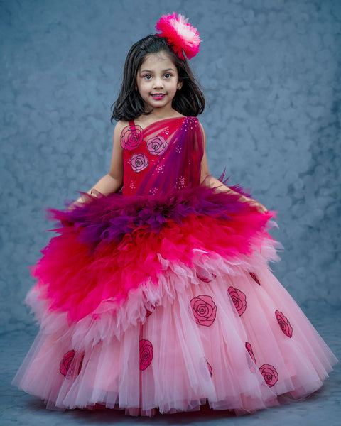 Pre-Order: Wine red with Pink shaded Feather Frill with Cartoon Roses Embellishment