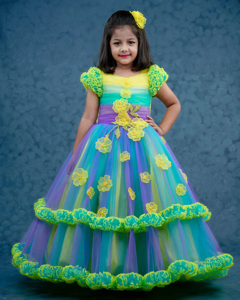 Pre-Order: Unicorn color shaded Gowns with Yellow Applique Flowers and Beaded leaves Detailing