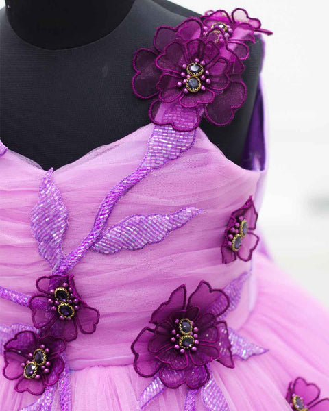 Pre-Order: Pink lavender and grape purple Double Shade Couture Gown With Handcrafted Flowers And Leaves