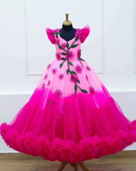 Pre-Order: Light pink and Rani pink Double Shade Couture Gown With Handcrafted Flowers And Leaves