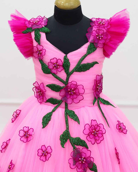 Pre-Order: Light pink and Rani pink Double Shade Couture Gown With Handcrafted Flowers And Leaves