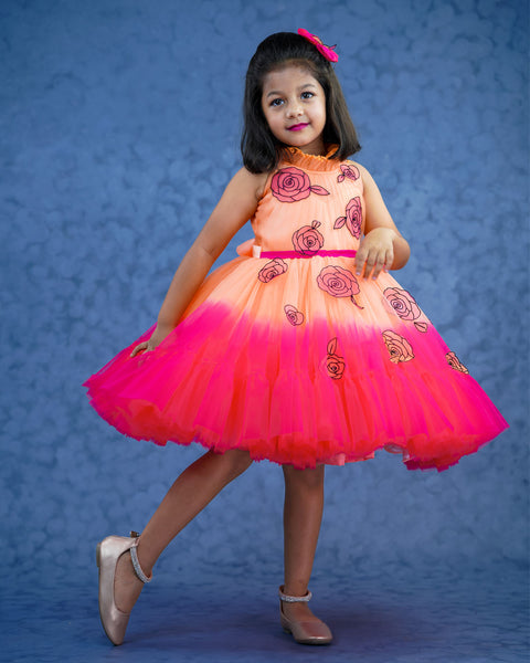 Pre-Order:  Ombre shaded peach and coral pink short dress with hand crafted cartoon rose embellishment