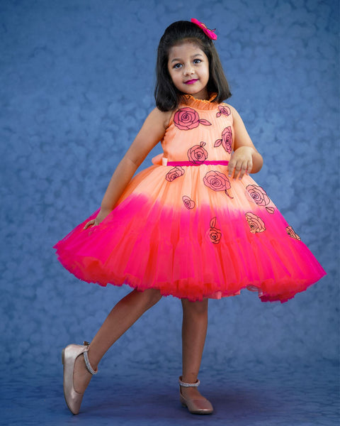 Pre-Order: Ombre shaded peach and coral pink short dress with hand crafted cartoon rose embellishment