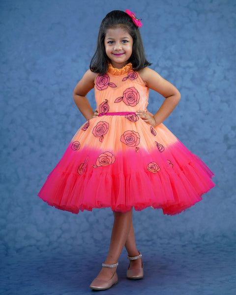 Pre-Order: Ombre shaded peach and coral pink short dress with hand crafted cartoon rose embellishment