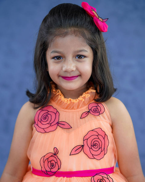 Pre-Order: Ombre shaded peach and coral pink short dress with hand crafted cartoon rose embellishment