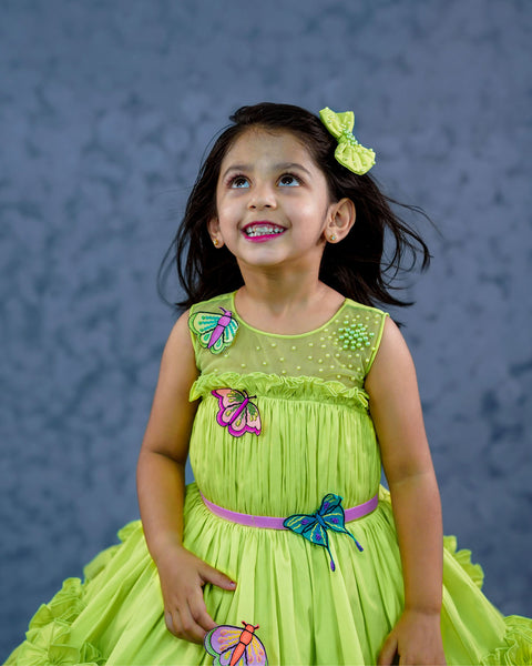 Pre-Order:  Textile moth dress- light lime green ruffled gown with colorful embroidery moth