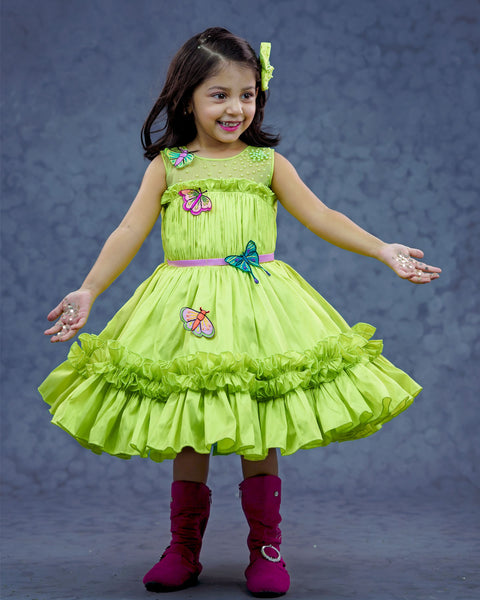 Pre-Order:  Textile moth dress- light lime green ruffled gown with colorful embroidery moth