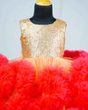 Pre-Order: Peach and Coral pink cloudy frilled gown with golden sequins yoke
