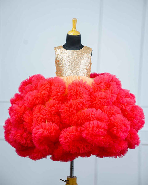 Pre-Order: Peach and Coral pink cloudy frilled gown with golden sequins yoke