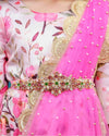 Pre-Order: Pink floral printed gown with detachable dupatta with hand crafted waist belt