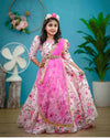 Pre-Order: Pink floral printed gown with detachable dupatta with hand crafted waist belt
