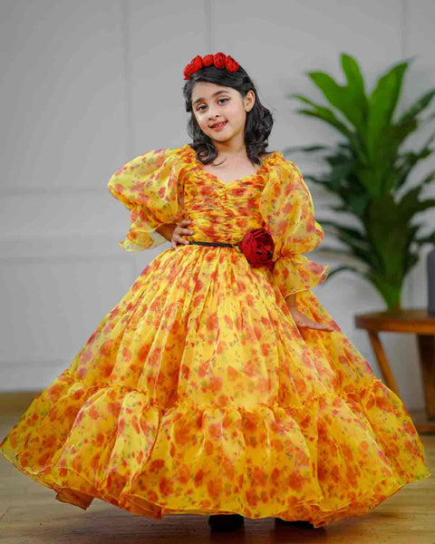 Pre-Order: Yellow floral printed organza gown with red peony flower waist belt