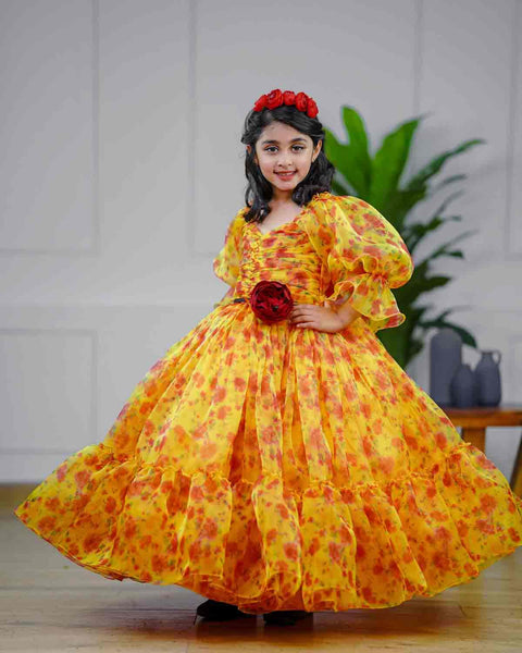 Pre-Order: Yellow floral printed organza gown with red peony flower waist belt