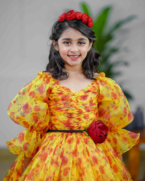 Pre-Order: Yellow floral printed organza gown with red peony flower waist belt