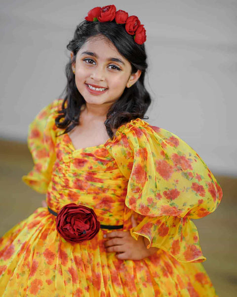 Pre-Order: Yellow floral printed organza gown with red peony flower waist belt