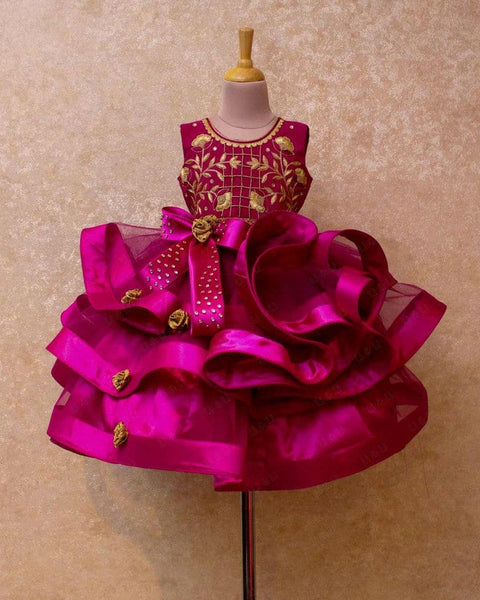 Pre-Order: Magenta Heavy Frilled Gown With Golden Embroidery