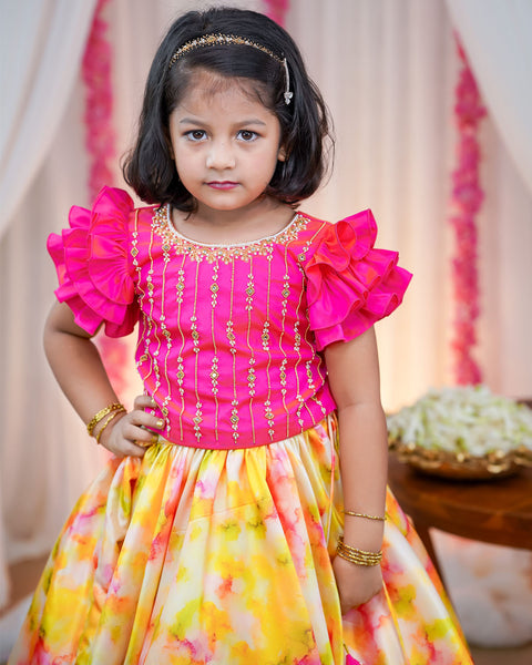 Pre-Order: Yellow and pink shibori printed skirt and hand worked fuchsia pink top.