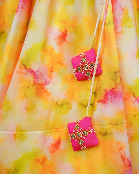 Pre-Order: Yellow and pink shibori printed skirt and hand worked fuchsia pink top.
