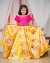 Pre-Order: Yellow and pink shibori printed skirt and hand worked fuchsia pink top.