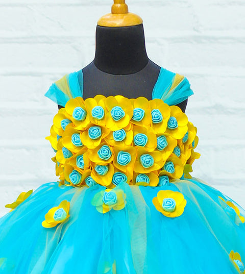 Pre-Order: Yellow and Sky Blue Flower Frock With Multi Stripes