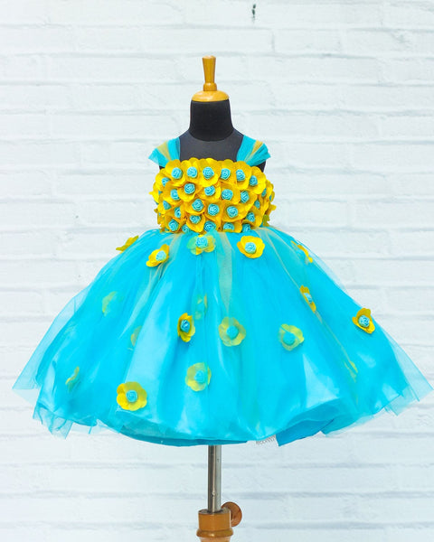 Pre-Order: Yellow and Sky Blue Flower Frock With Multi Stripes