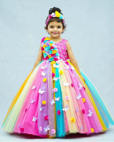 Pre-Order: Bright multi color shade flower frock with pink yoke