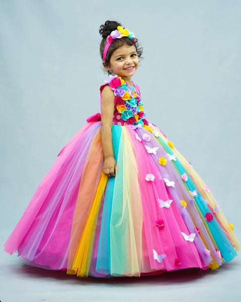 Pre-Order: Bright multi color shade flower frock with pink yoke