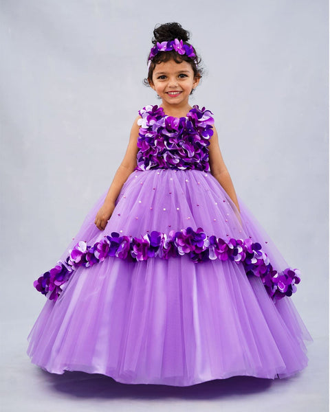 Pre-Order: Lavender And Purple High Low Flower Petal Frock