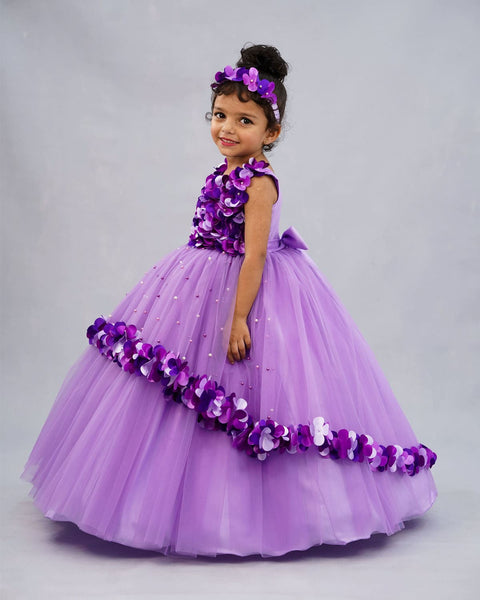 Pre-Order: Lavender And Purple High Low Flower Petal Frock