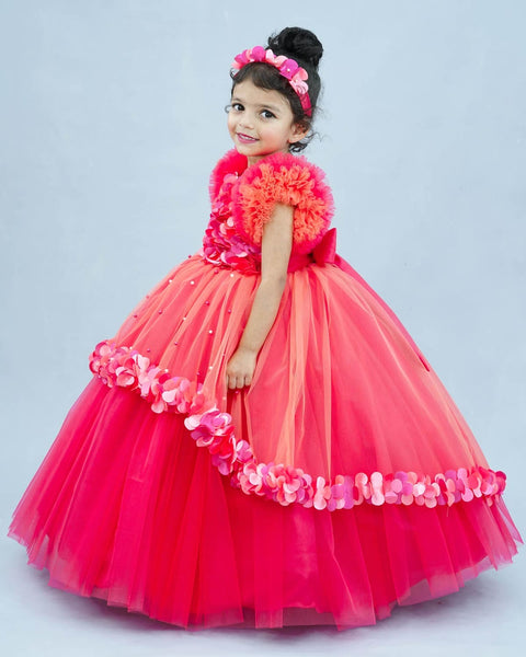 Pre-Order: Pink And Peach High Low Flower Petal Frock