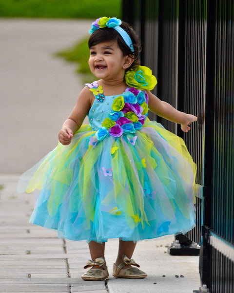 Pre-Order: Sky blue and  green stripe flower frock with multicolor flowers and butterflies