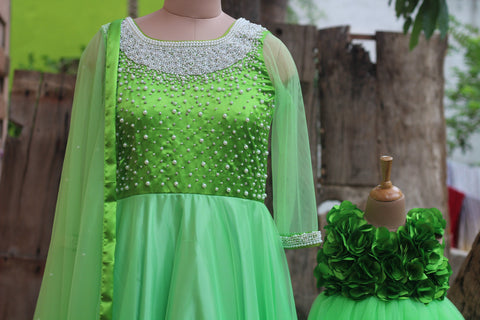 Pre-Order: Light Green Gown With Pearl Detailed Yoke.